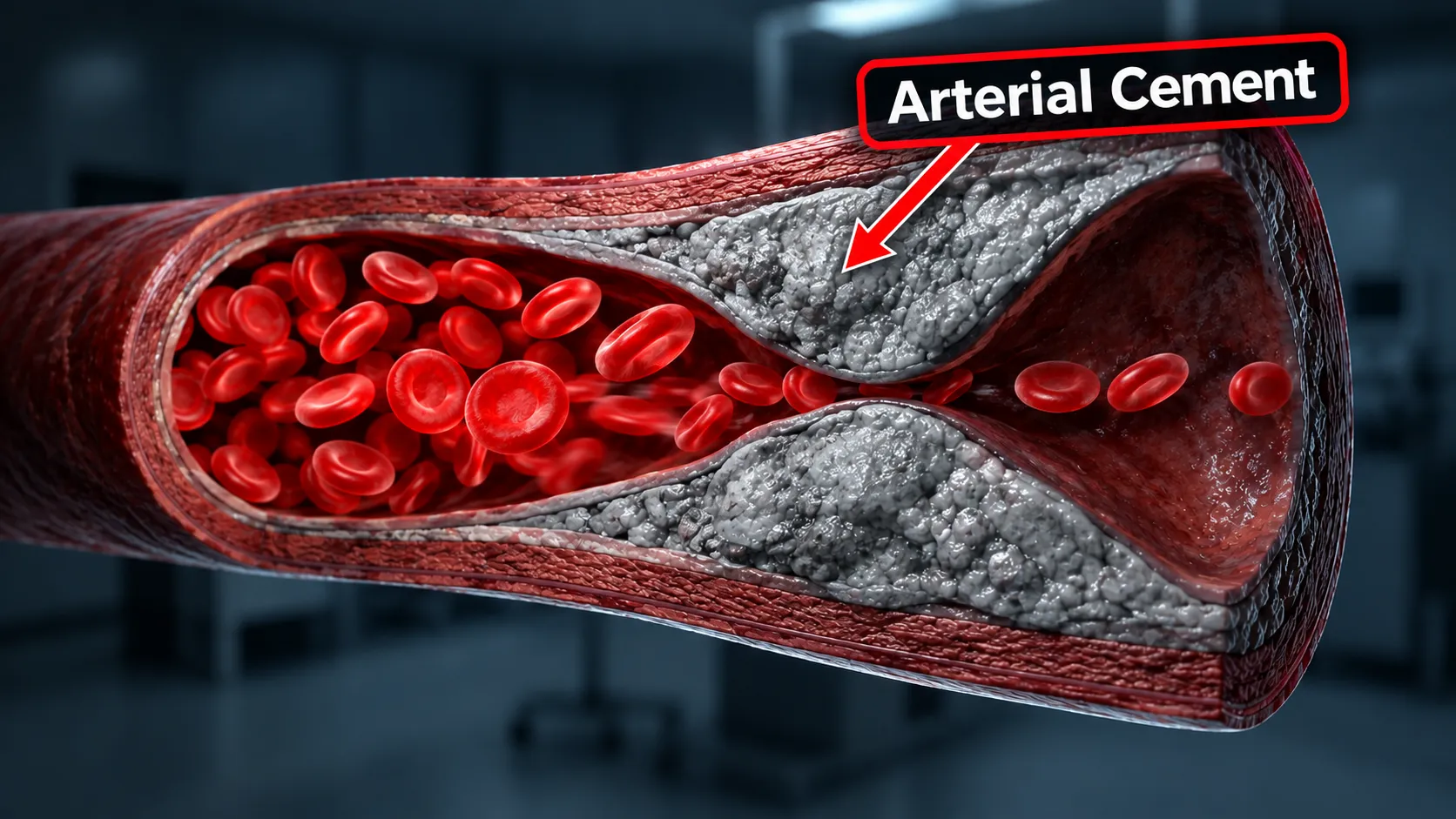 3D cross-section of a clogged artery showing calcified arterial plaque narrowing the blood channel
