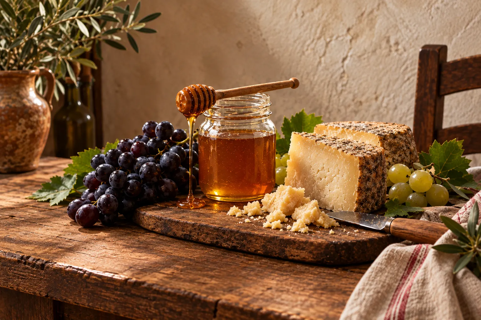 Traditional Sardinian foods on a rustic wooden table